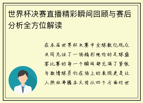世界杯决赛直播精彩瞬间回顾与赛后分析全方位解读